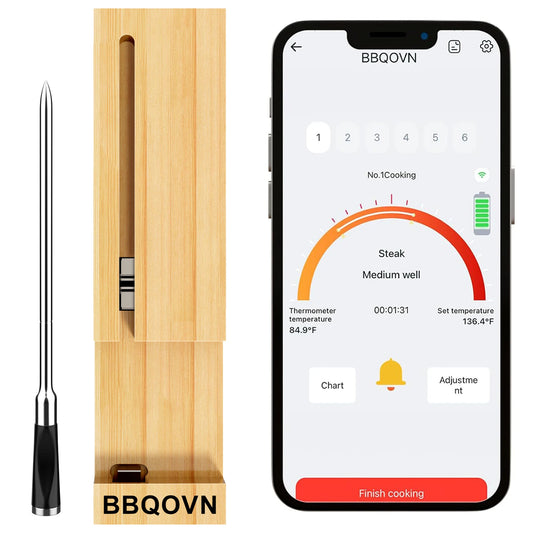 Termometer Daging Wayarles Pintar BBQOVN, Julat Bluetooth Jauh 777FT, Siasatan Termometer Daging Ultra Nipis 3.9MM untuk Memanggang BBQ