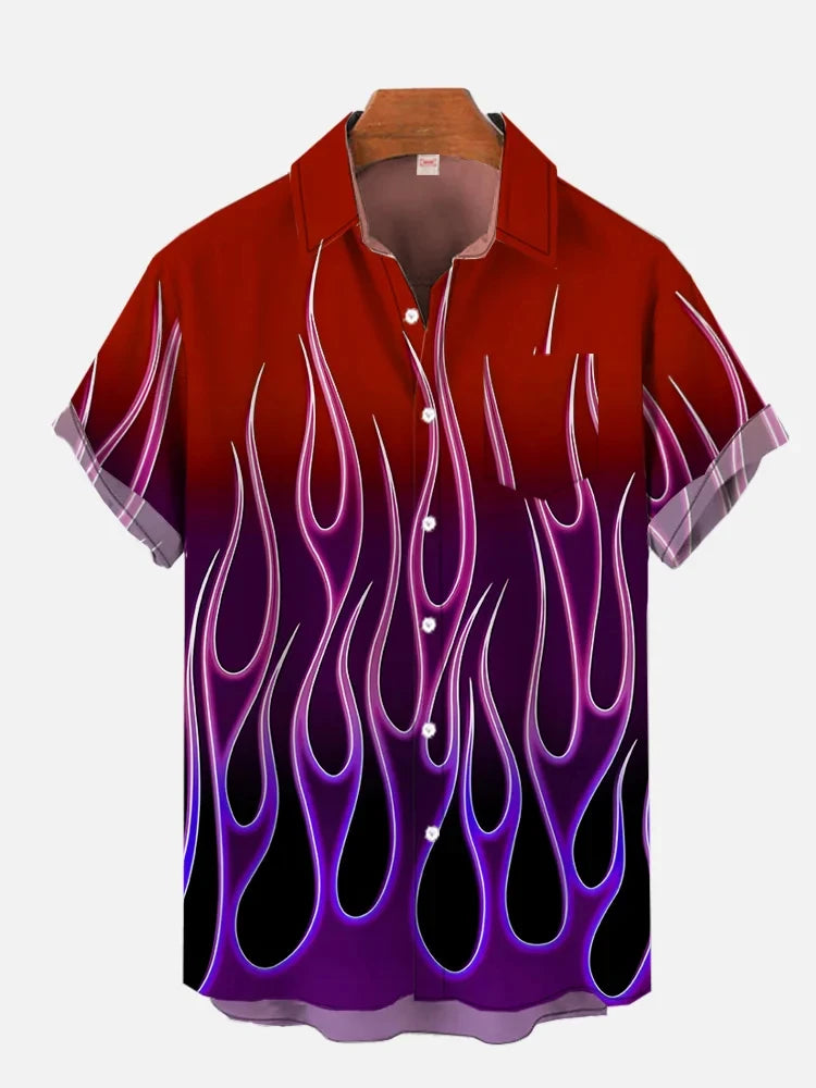 2024 Summer New Black and Gray Burning Flame Printed Short Sleeve Shirt Retro Fashion Street Men's Lapel Button Shirt