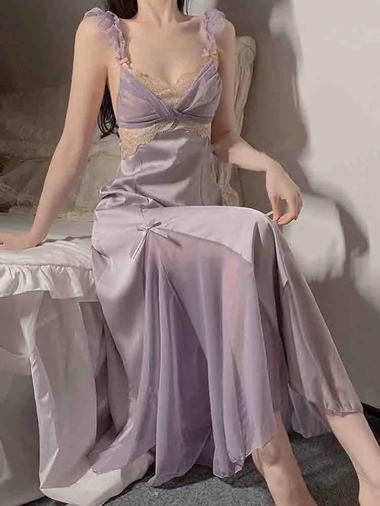 2023 Musim Bunga Seksi Pakaian Tali Sutera Wanita Perancis Elegan Pesta Peri Gaun Tanpa Belakang Renda Gaun Panjang Wanita Court Vintage Korea