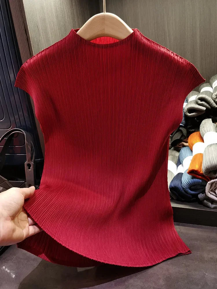 Miyake Serbaguna Klasik Warna Pepejal Ringkas Kolar Berdiri Atasan Berlipat Wanita Slim Slim Lengan Pendek T-shirt Miyake Musim Panas 2024
