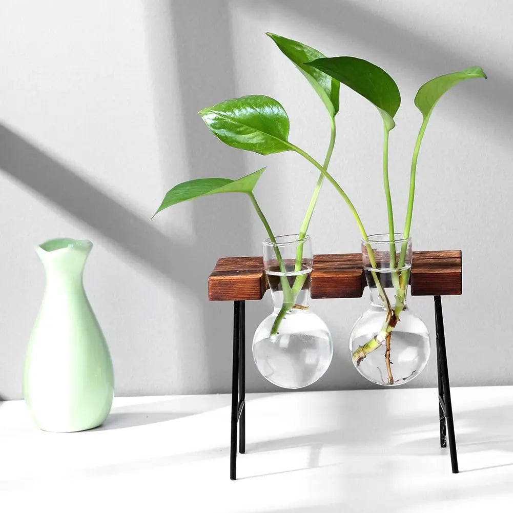 Pasu Kaca Lutsinar Bingkai Kayu Seni Besi Terarium Hiasan Meja Bonsai Pasu Bunga Meja Hidroponik Pot Bunga Tanaman