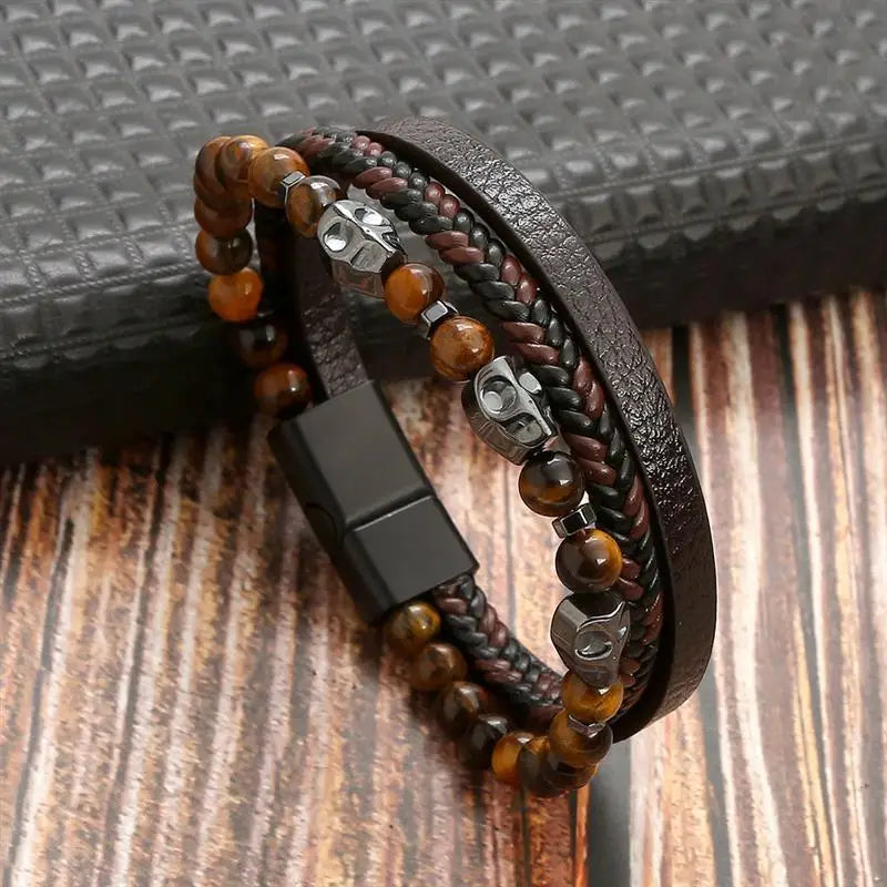 Gelang Kulit Berkualiti Tinggi Lelaki Fesyen Klasik Tiger Eye Manik-manik Berbilang Lapisan Gelang Kulit untuk Hadiah Barang Kemas Lelaki