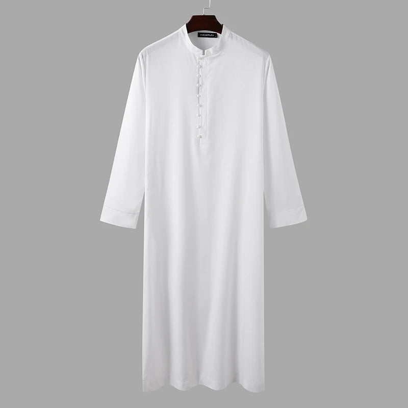 INCERUN Muslim Men Jubba Thobe Solid 2024 Long Sleeve Thin Robes Kaftan Stand Collar Islamic Arabic Fashion Men Caftan S-5XL