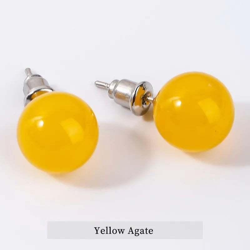 Change Better Natural Stone Amethyst Tiger Eye Agate Round Beads Earring Women Fashion Simple Stainless Steel Crystal Ear Studs