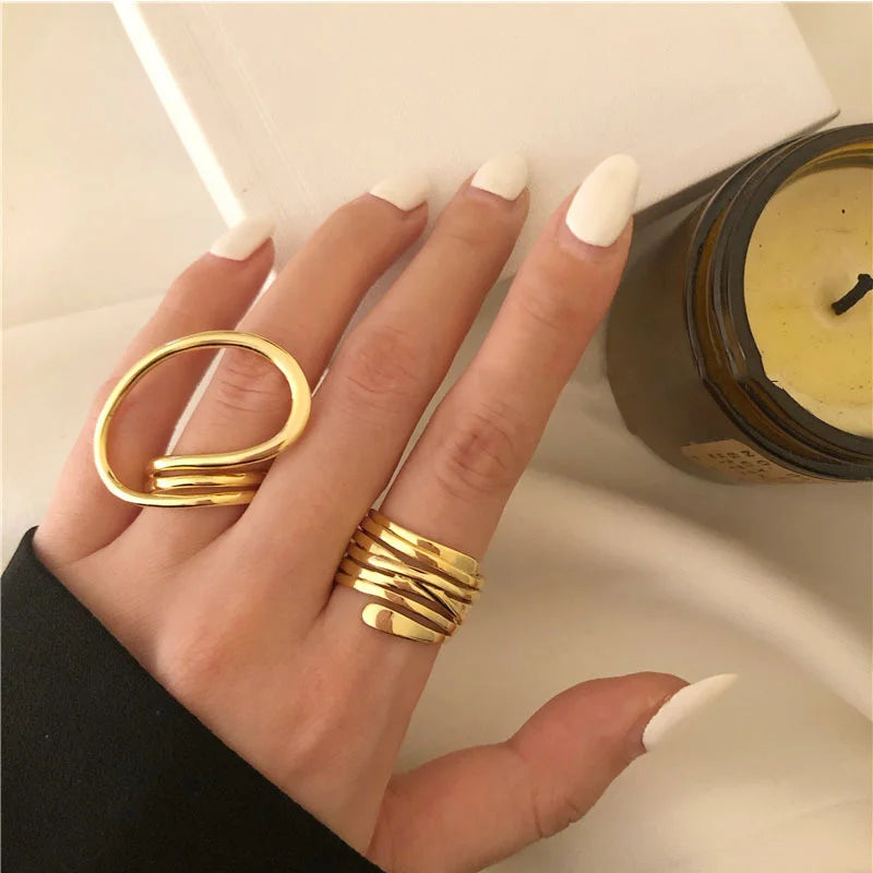 Irregular Hollow Opening Rings For Women Stainless Steel Gold Color Geometric Ring Fashion Simple Party Christmas Jewelry Gifts