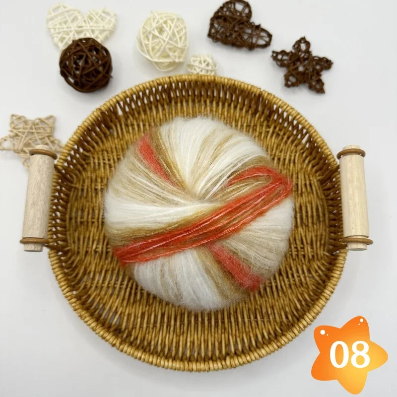 The yarn is a gradient wool-mohair blend with a rainbow segment-dyed medium weight. Each ball weighs 100 grams and is 350 meters