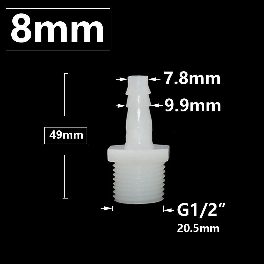 Plastic Pipe Fitting 4mm 6mm 8mm 10mm 12mm 14mm 16mm 18mm 20mm Hose Barb Connector 1/2" Male Thread Connector Coupler