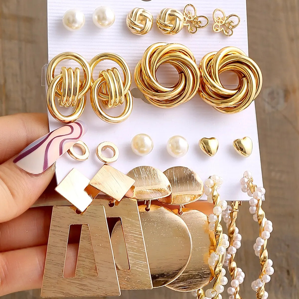 11 Set Anting-anting Warna Emas Baru Kreatif Perangai Mudah Wanita Parti Logam Geometri Luka Anting-anting Mutiara Palsu