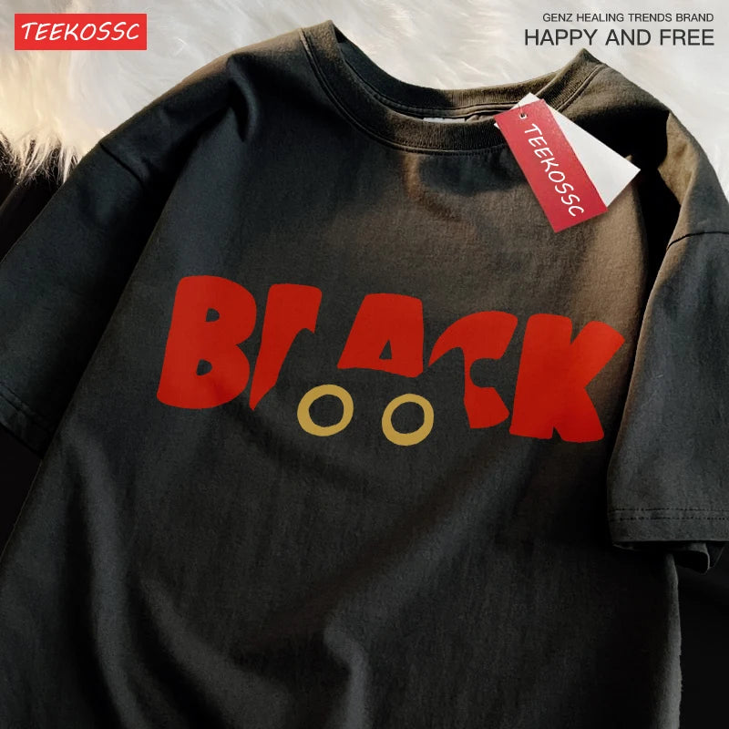 BLACK Cat Fesyen Jenama Kapas Tulen Longgar Musim Panas Lengan Pendek T-shirt Lelaki Wanita Pelajar Street Black Cat Couple Street Tees