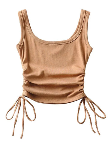 Ketibaan Baharu Gadis Kasual Warna Pepejal Dua Sisi Tali Serut Lipatan Bersinar Tank Seksi&Camis