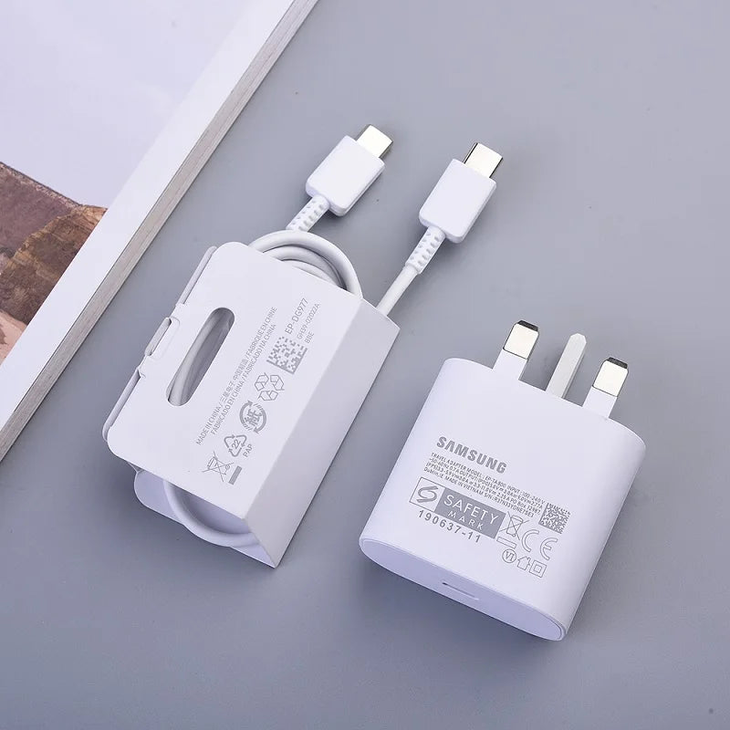 For Samsung S21 Note 20 10 Ultra Super Fast Charger 25W UK Plug Power Adapter Dual Type C Cable For Galaxy S20 Plus S10+ A70 A80