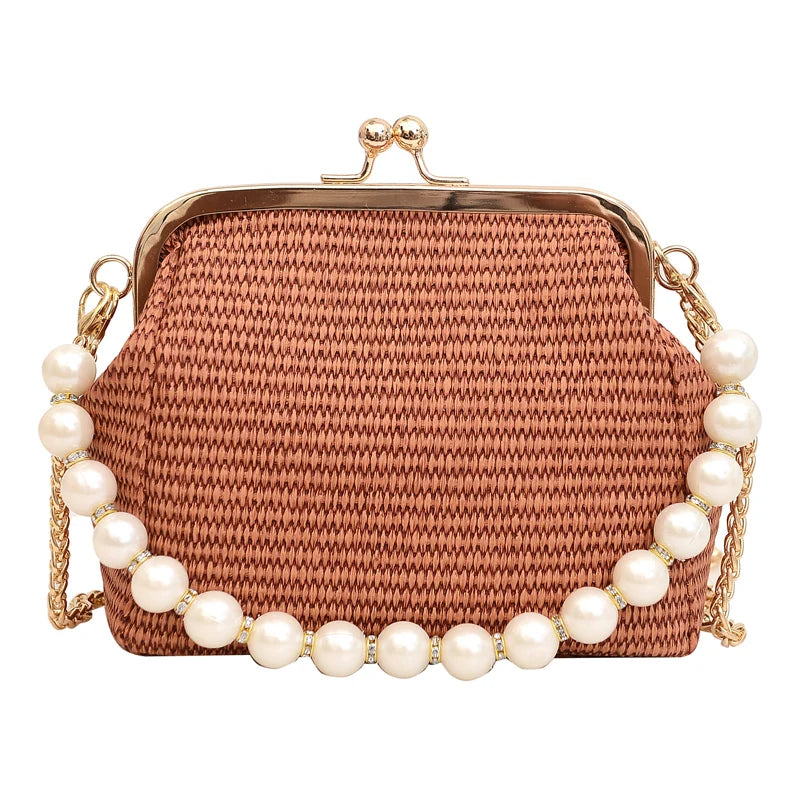 Luxury Designer Trendy Straw Weaving Shoulder Bag Versatile Small Beading Handbag For Women Summer Casual Beach Bag Travel Purse