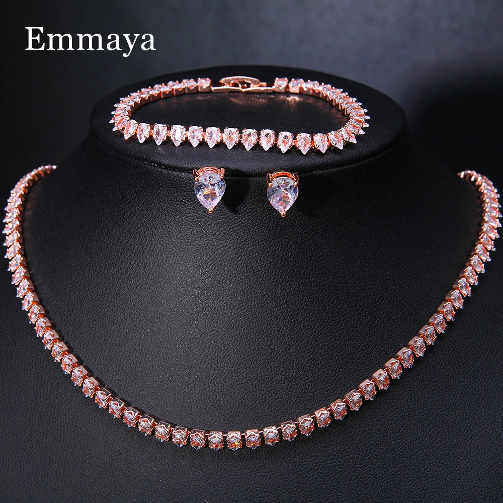 Zirkon Emmaya Cantik Cubic Zirconia Warna Emas Putih Bulat Kalung Pengantin Anting-Anting Set Perhiasan Pesta untuk Pengantin