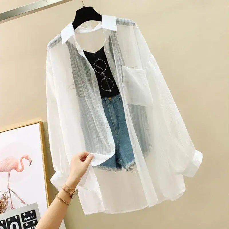 Baju Pelindung Matahari Musim Panas Perspektif Elegan Blaus Chiffon Nipis Harajuku Korea Atasan Longgar Cardigan Kasual Wanita