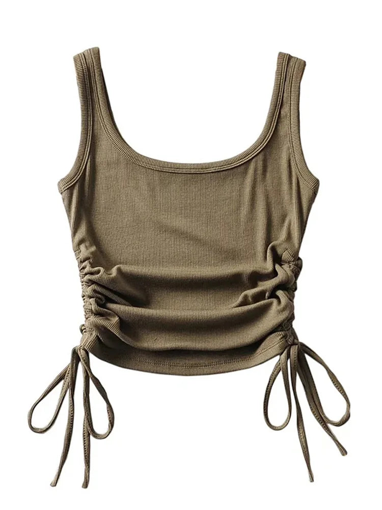 New Arrival Girls Casual Solid Colour Two Side Drawstring Vest Folds Shirring Sexy Tank&Camis