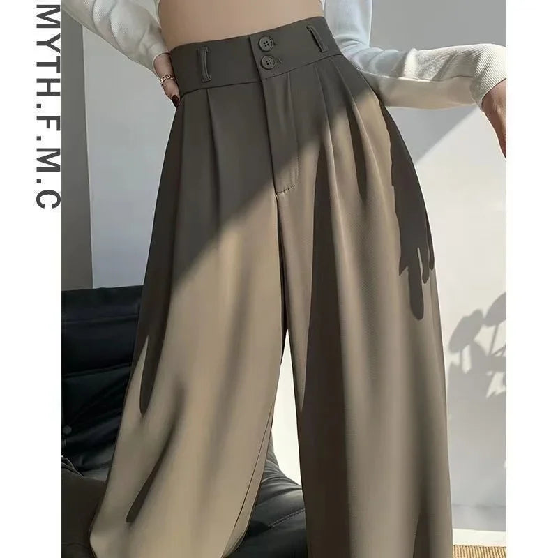 Seluar Kaki Lebar Wanita Wanita Gaya Korea Pinggang Tinggi Seluar Hitam Fesyen Wanita Longgar Sut Kelabu Seluar Streetwear