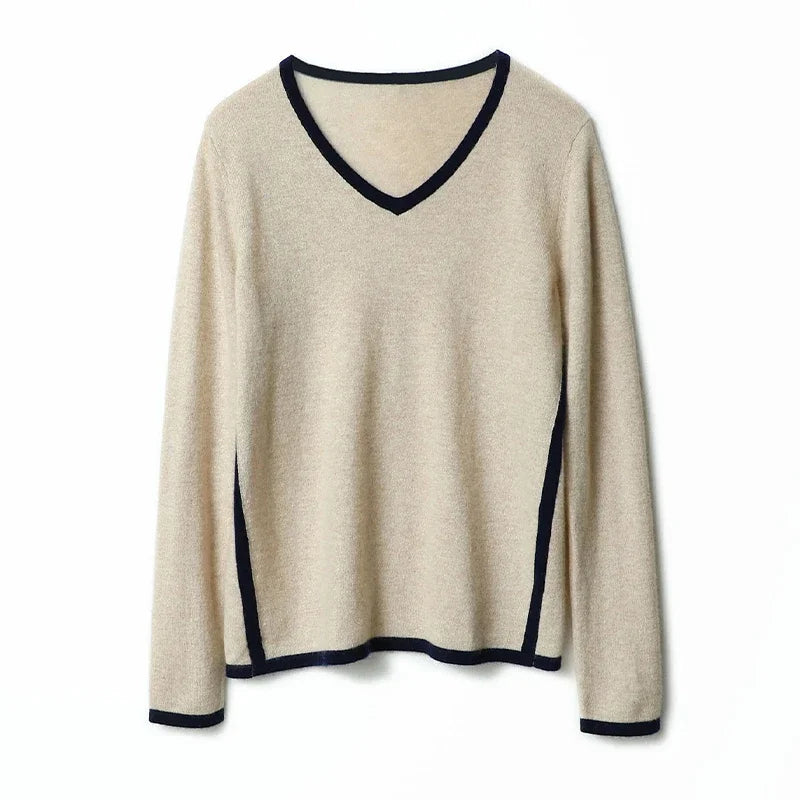 musim luruh gaya baharu 100% kasmir v leher sweater wanita kontras lengan panjang kelembutan pullover rajutan pakaian rajut hangat bergaya wanita