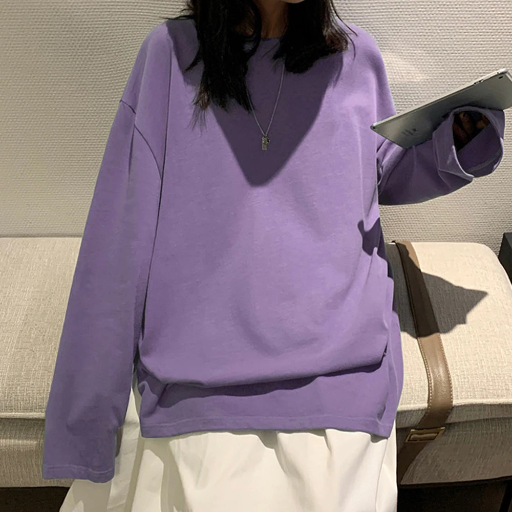 100% Cotton 2024 Spring New Long sleeve T-Shirt Women Basic Tee Shirt Oversize T Shirt Women Casual O-neck Women Tshirt US size