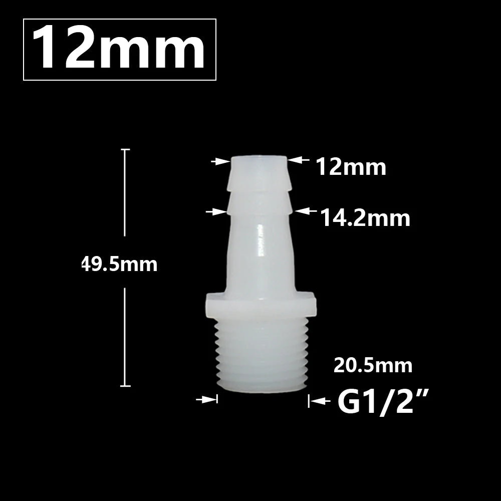 Plastic Pipe Fitting 4mm 6mm 8mm 10mm 12mm 14mm 16mm 18mm 20mm Hose Barb Connector 1/2" Male Thread Connector Coupler