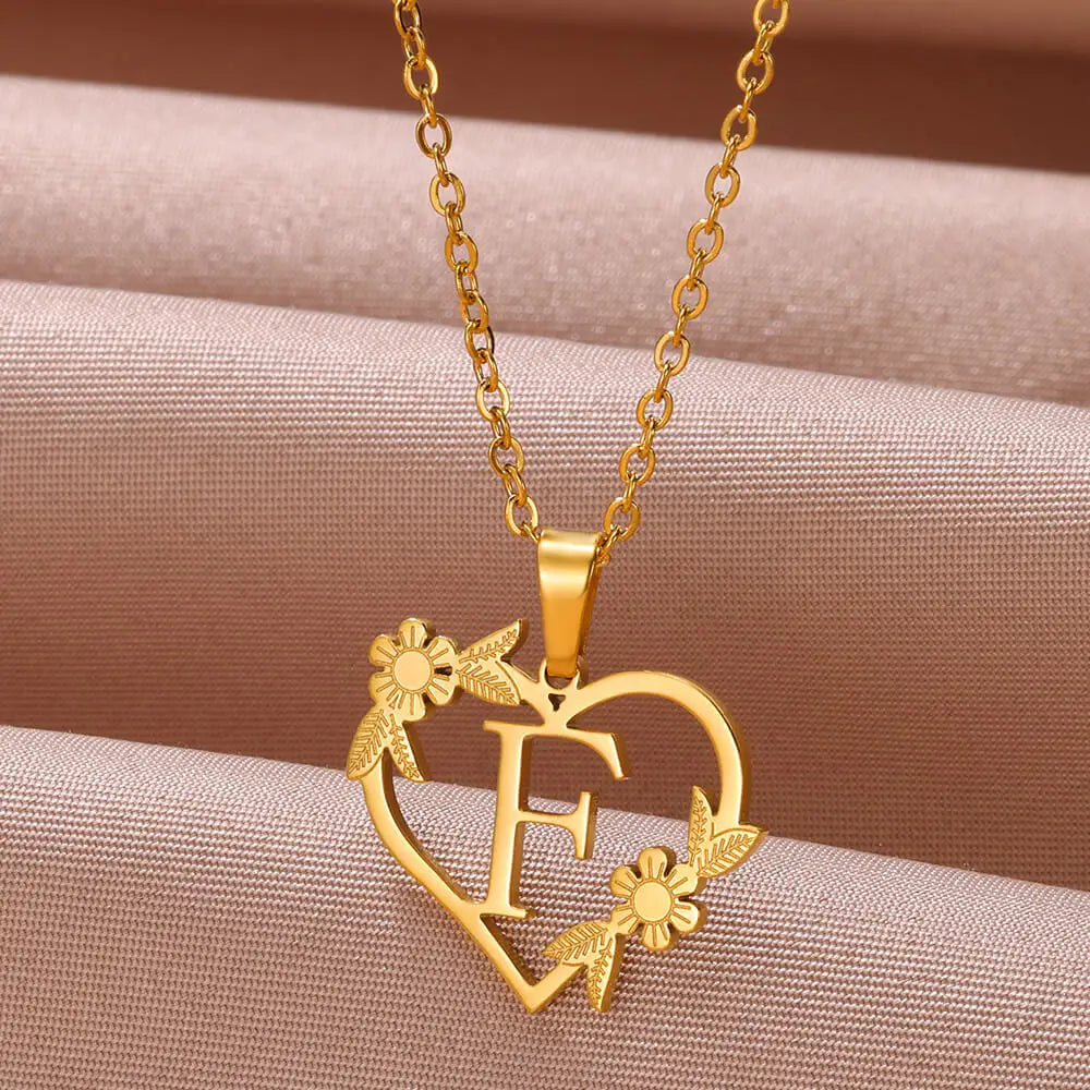 Gold Color Dainty Flower Initials Necklace Women Girl Stainless Steel Heart Letter Choker Necklace Best Gifts Alphabet Jewelry