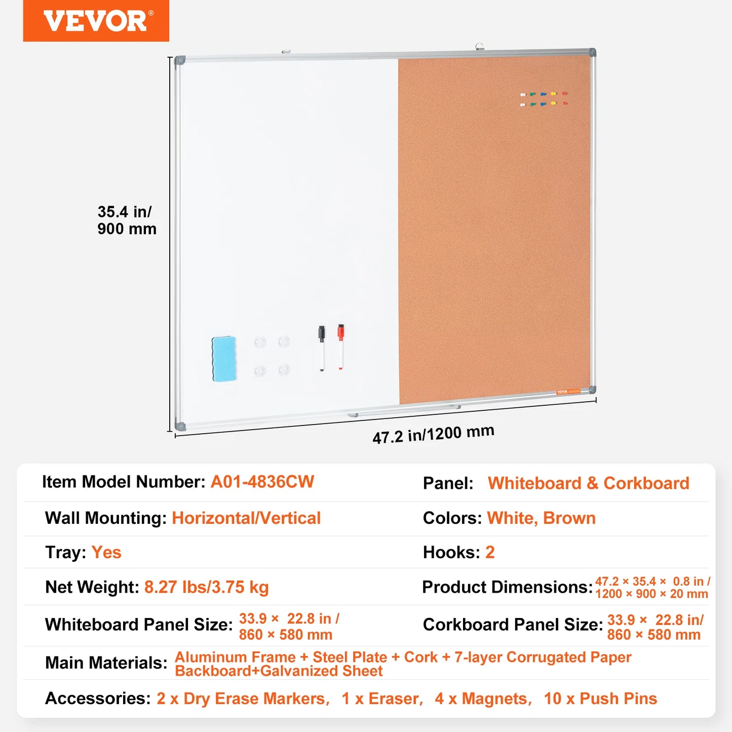 VEVOR Whiteboard & Cork Board 2-in-1 Magnetic Dry Erase/with Linen Surface Bulletin Board for Wall Mount for School Home Office
