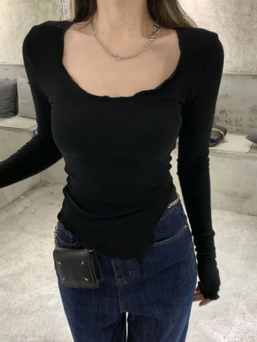 Kemeja-T Lengan Panjang Wanita Garis Kulat Labuh Tidak Teratur Dikait Ramping Tee Bawah Musim Gugur Fesyen bergaya Seksi Solid Ulzzang Baru