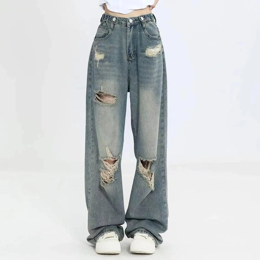 American Vintage Hole Y2k Jeans Wanita Pinggang Tinggi Jeans Lebar Kaki Longgar Longgar Hip Hop Streetwear Menyeret Seluar Denim