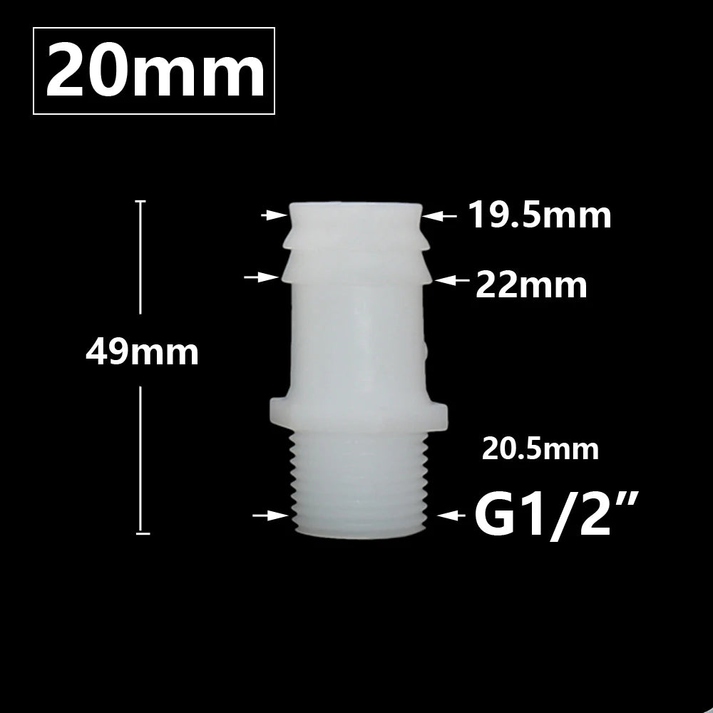 Plastic Pipe Fitting 4mm 6mm 8mm 10mm 12mm 14mm 16mm 18mm 20mm Hose Barb Connector 1/2" Male Thread Connector Coupler