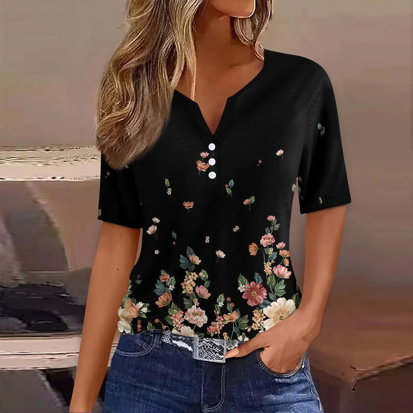 2024 Wanita Musim Panas Kasual T-shirt Fesyen Bercetak Harajuku Top Tees Streetwear Butang Asas Lengan Pendek V-Neck Tops Plus Saiz