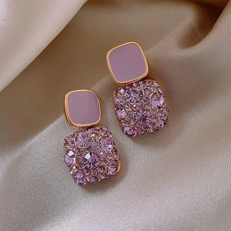New Vintage Purple Shiny Crystal Geometric Women Earrings Contracted Sweet Lovely Fine Shiny Drop Earrings Jewelry