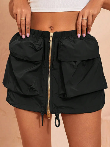 Skirt Kargo Fesyen Wanita Y2K Vintage Flap Poket Zip Labuh Tali Serut Depan Pinggang Elastik Wanita Musim Panas Skirt Kasual Streetwear
