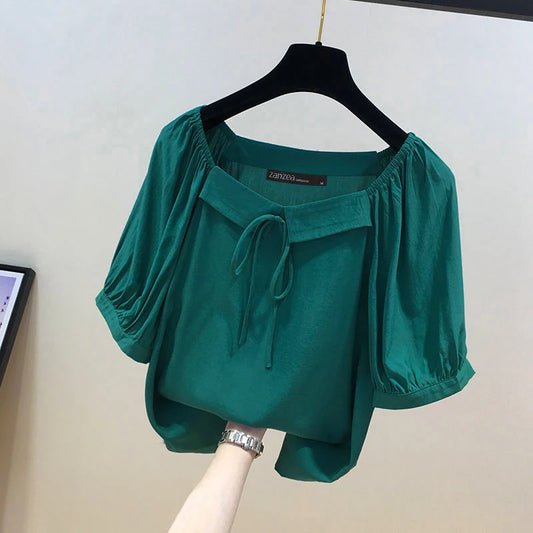 ZANZEA Gaya Korea Blaus Pepejal Fesyen Wanita Kemeja Kolar Persegi Vintage Atasan Setengah Lengan Lace-up Kasual Pakaian Longgar Wanita