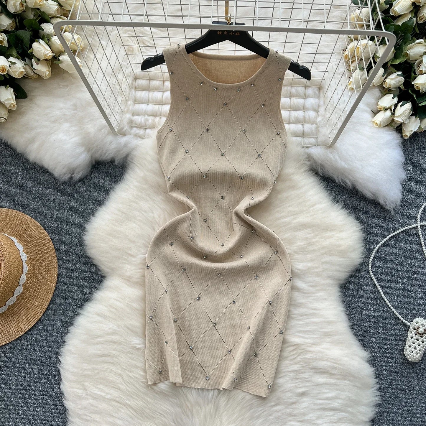 Manik Musim Panas Wanita Mengait Sarung Pakaian Tank Bodycon Wanita Dikait Kamisol Pakaian Mini Tanpa Lengan untuk Pakaian Wanita