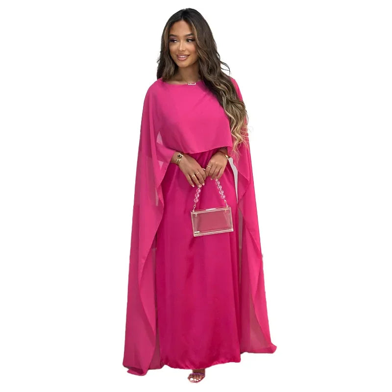 Muslim Women's Round Neck Loose Robe Chiffon Long Dress Abayas for Women Robe Longue Muslim Dress