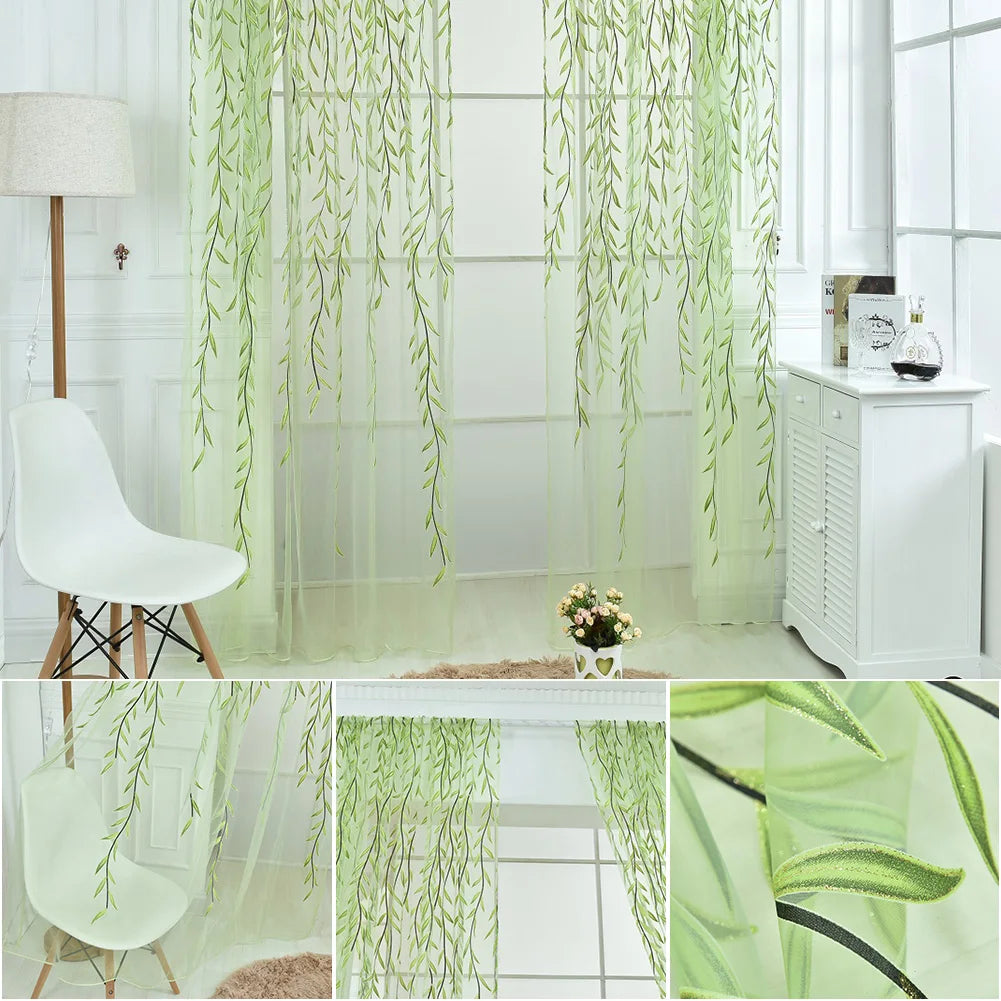 100*200CM Wicker Style Purple Green Transparent Curtains Green Leaves Curtains Pastoral Style Floral Window Decorative
