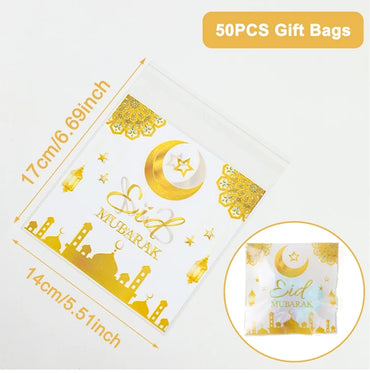 50pcs Eid Mubarak Gift Bags Plastic OPP Candy Cookie Bag Ramadan Kareem Decoration Party Supplies Muslim Party Eid Al Adha Gifts