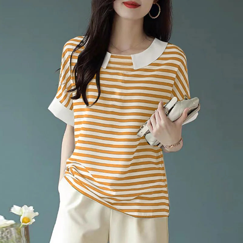 ZANZEA Women Plaid T-shirts Korean Doll Collar Simple Tees 2024 Summer Short Sleeve Tops Casual Colorblock Drop Shoulder Tunics