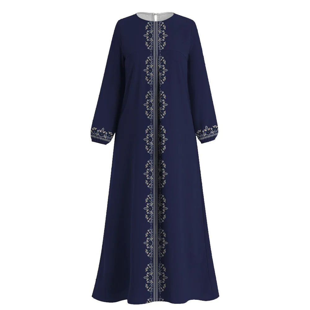 Abaya Biru Sederhana Wanita Cetak Etnik Lengan Panjang Islam Abaya Muslim O-Neck Pakaian Muslim Femme Dubai Turki Kaftan Arab Jubah