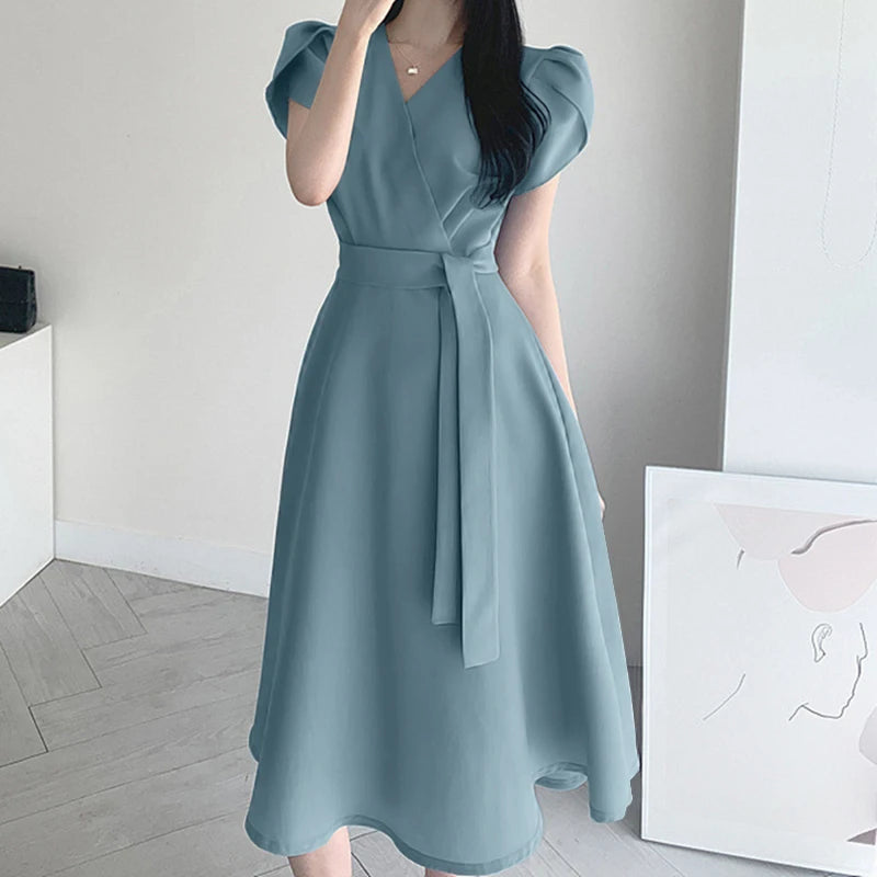 Wanita Fesyen OL Kerja Sundress ZANZEA Musim Panas Elegan Gaun Lengan Pendek Kasual Solid Garisan Vestido Kaftan Sarafan Jubah Femme