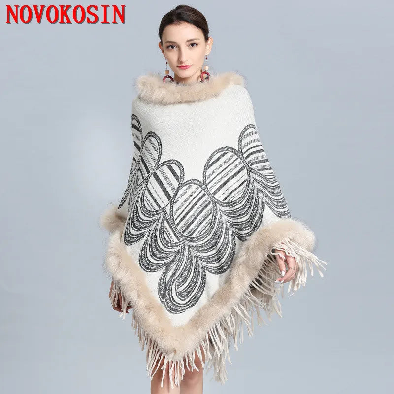 Musim sejuk Knitted Ponco Cape Bulu Pullover Longgar Wanita Segitiga Panjang Faux Cashmere Oversize Round Corak Rumbai Kot Outstreet