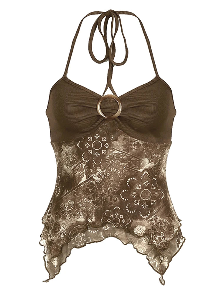 Sweetown Retro Forest Green Cetakan Vintaj Boho Y2K Kamisol Tali leher Halter Tanpa Belakang Atasan Asimetri Pakaian Percutian Musim Panas Wanita