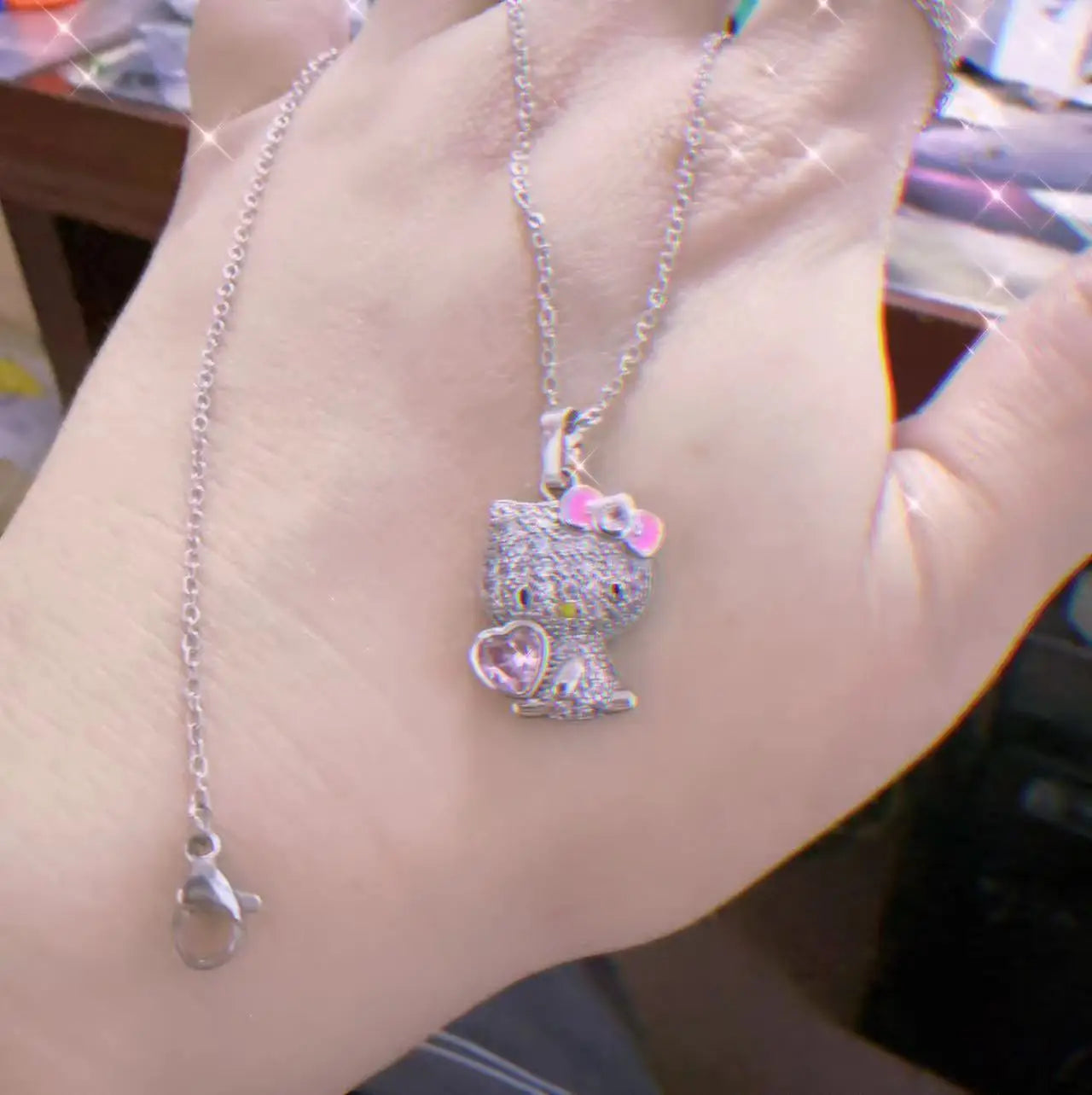 Kalung Hello Kitty Sanrio Watak Anime Pink Peach Heart Crystal Cat Gelang Tolak Tarik Loket Hiasan Pasangan Hadiah Gadis