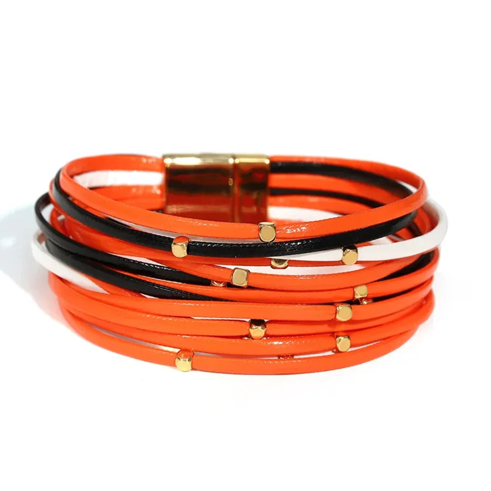 ALLYES Charm Triple Color Leather Bracelet for Women Bohemian Metal Beads Multilayer Thin Strip Wrap Bracelets Fashion Jewelry