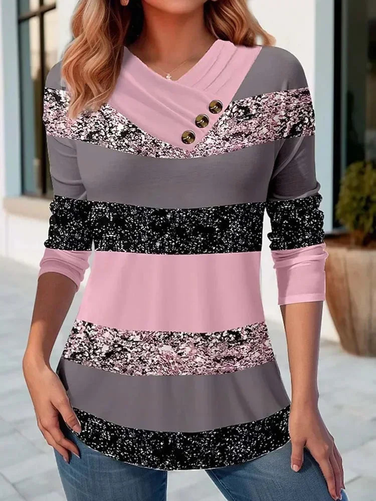 Sweater Pullover Warna Berjalur Musim Gugur Wanita Kasual Fesyen Slim Tee T-Shirt Lengan Panjang v Leher Butang Atasan Wanita Blaus