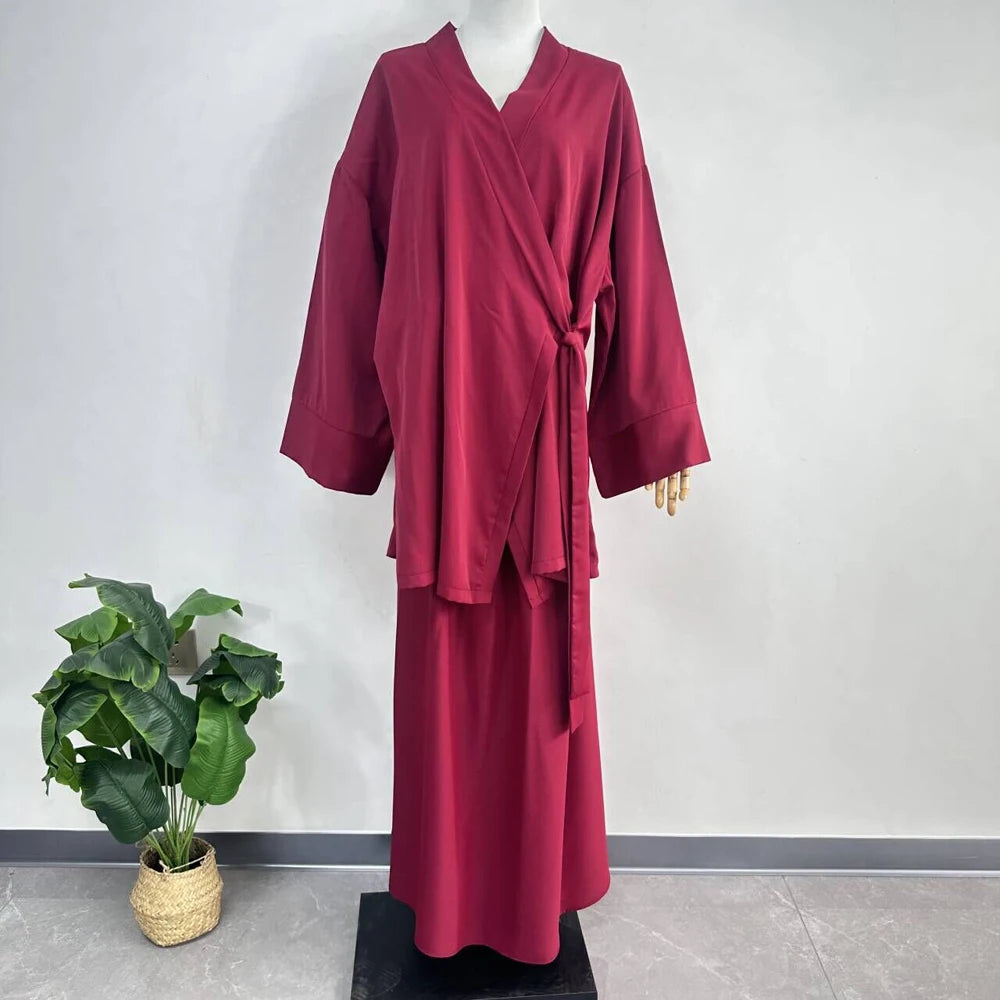 Nida Co Ord Set Kimono dengan Tali Skirt Ramadan Aidilfitri Pakaian Islam 2 Helai Set Wanita Muslimah Pakaian Sederhana Ensembles Musulman
