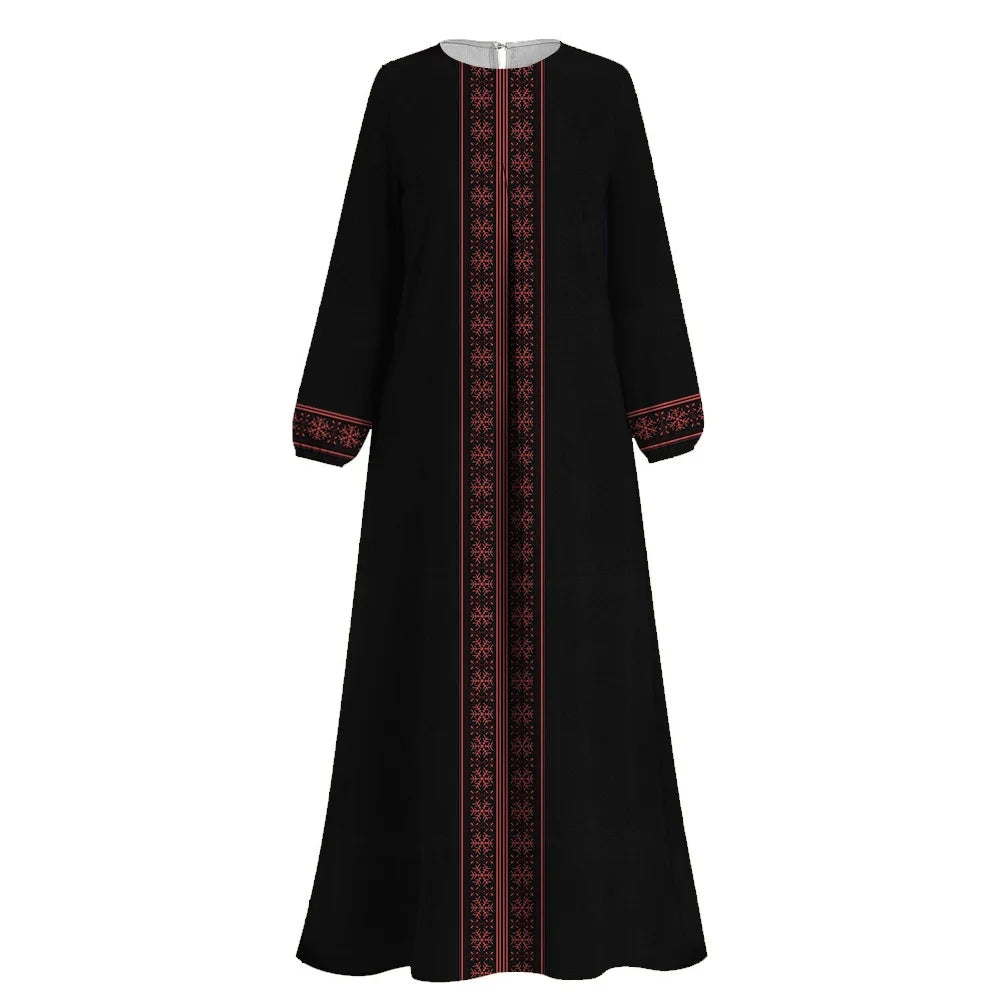 Abaya Biru Sederhana Wanita Cetak Etnik Lengan Panjang Islam Abaya Muslim O-Neck Pakaian Muslim Femme Dubai Turki Kaftan Arab Jubah
