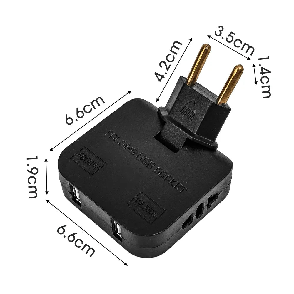Penukar Soket Palam EU Boleh Putar 180 Darjah 4 Port Penyesuai Perjalanan AS Ke EU dengan 2 Port USB Soket Elektrik Alur Keluar AC