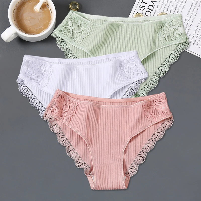 3Pcs/set Women's Cotton Panties M-2XL Women Patchwork Lace Underwear Sexy Low Waist Briefs Ladies Comfortable Underpants 2022