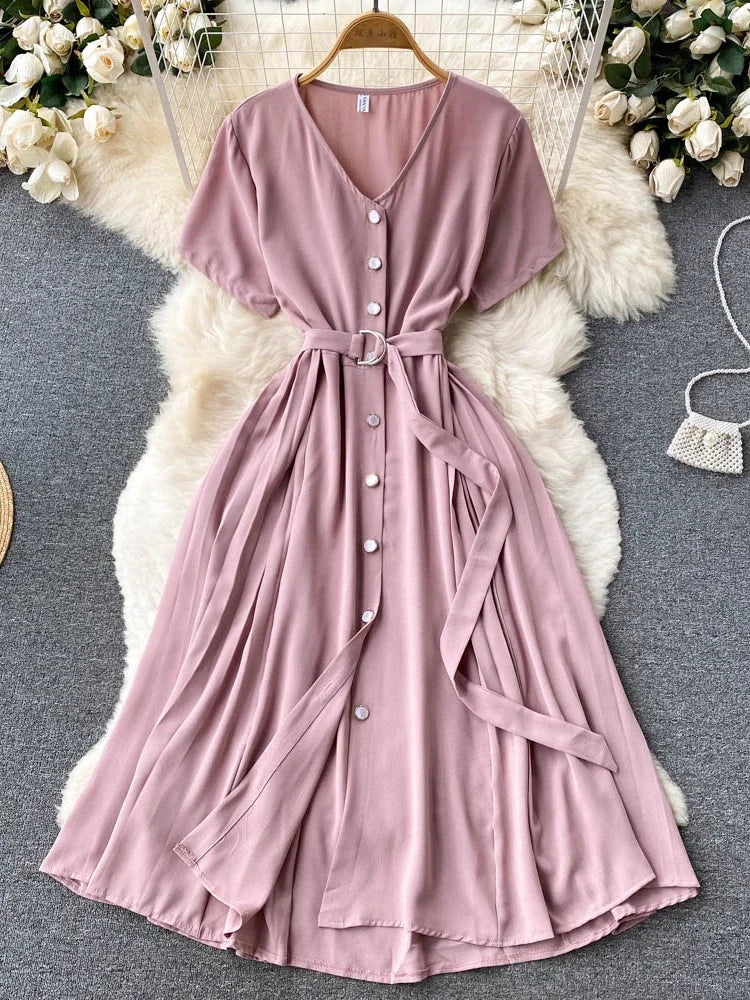 Summer Vintage V-Neck Single Breasted Midi Dress For Women Elegant Short Sleeve High Waist A-Line Slim Green/Red/Purple Vestidos