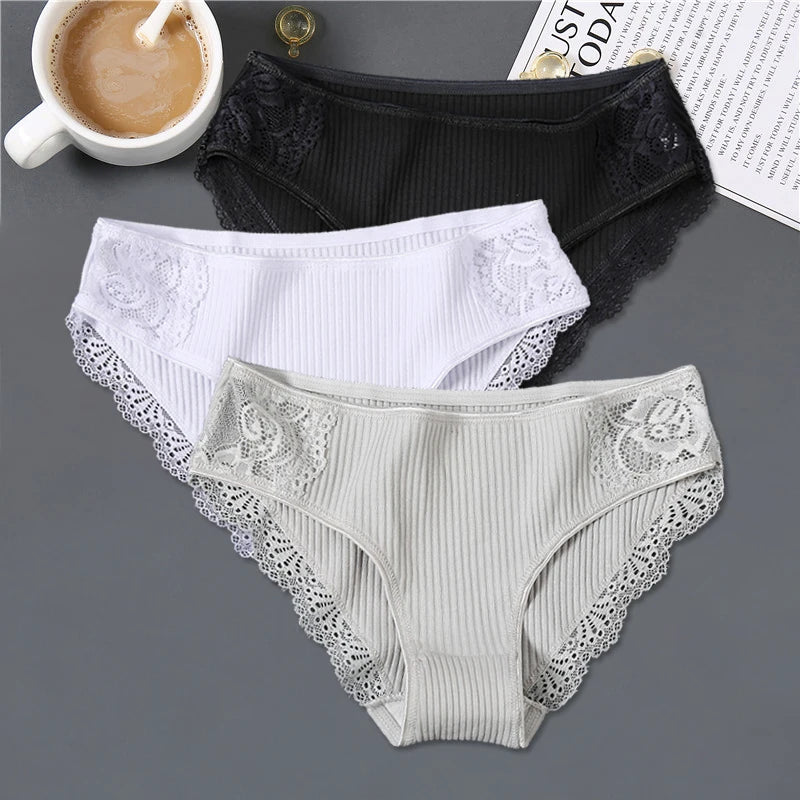 3Pcs/set Women's Cotton Panties M-2XL Women Patchwork Lace Underwear Sexy Low Waist Briefs Ladies Comfortable Underpants 2022